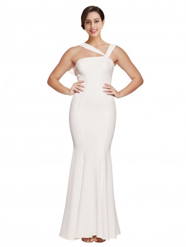 Shop Full Length Square Neck Crepe Prom Dress with Asymmetrical Straps and Bow Back UK