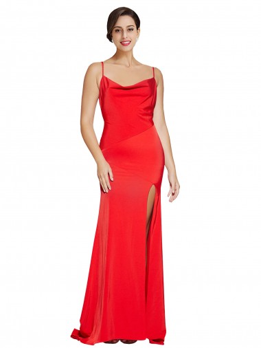 Shop Low Back Cowl Neck Stretch Satin Prom Dress with High Side Slit UK